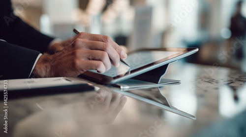 A man is writing on a tablet with a pen