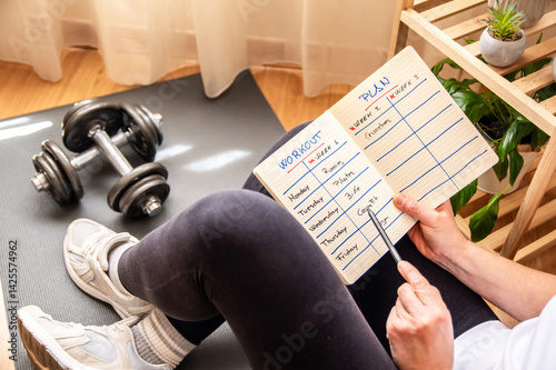 Woman sitting comfortably on a chair near a fitness mat and dumbbells, reviewing a workout plan while scheduling fitness activities for a balanced and healthy lifestyle