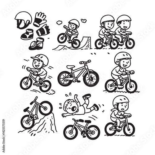 Hand-Drawn BMX and Mountain Biking Icons – Black and White Line Art of Kids Riding Bikes