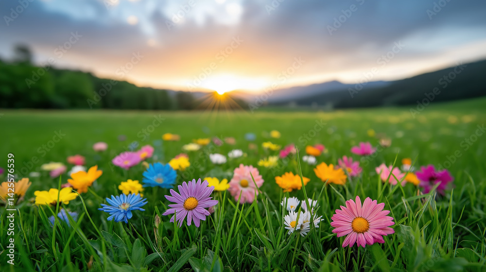 Fototapeta premium Colorful wildflowers bloom at sunset in a tranquil meadow