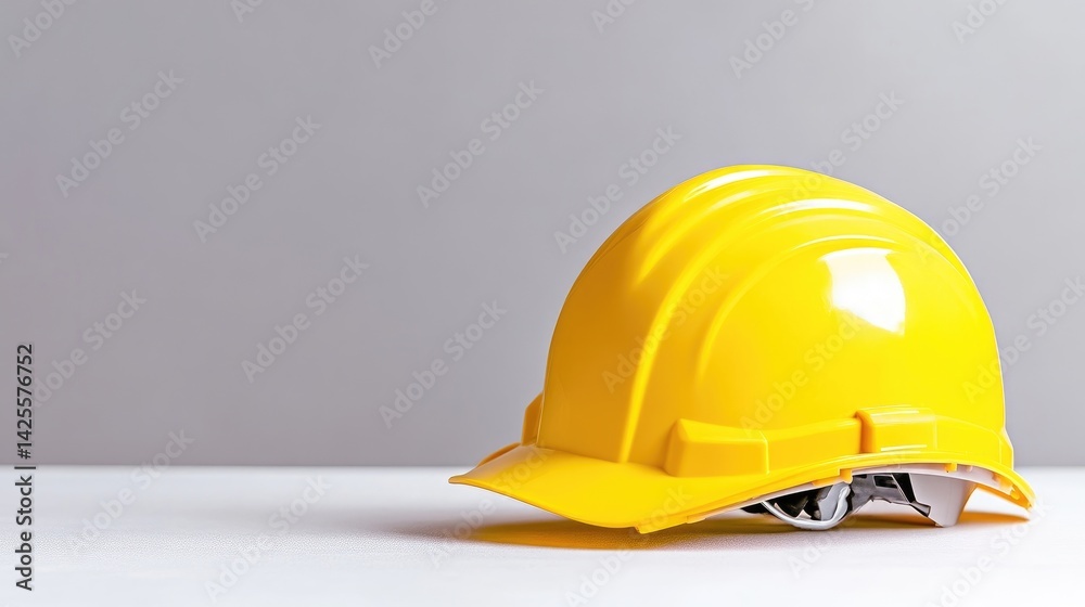 Fototapeta premium Bright yellow safety hard hat on a white surface