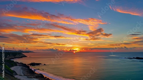 sunset over the ocean with a beach and a cliff in the foreground