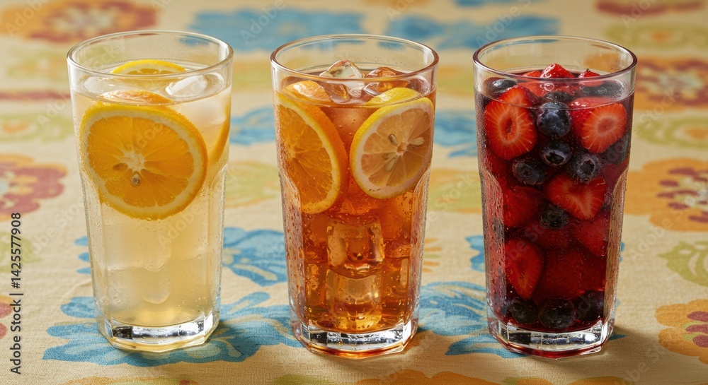 Refreshing iced fruit drinks on floral tablecloth Refreshing iced fruit drinks on floral tablecloth