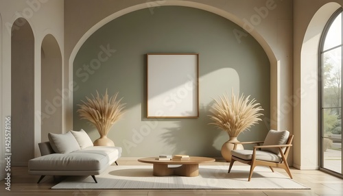minimalist living room ,one large blank white frames on wall