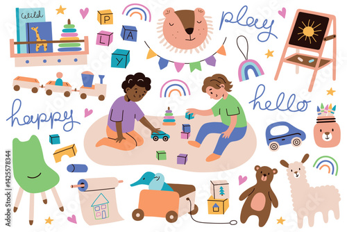 Cute icon set with toddler toys, kids room furniture, and creative supplies. Boy and girl playing together on floor. Vector illustration for early learning and childhood, nursery doodles collection