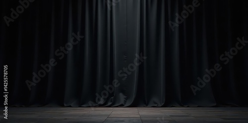 Deep black theatrical drapes, rich texture, subtle sheen, silk, dark, shadow