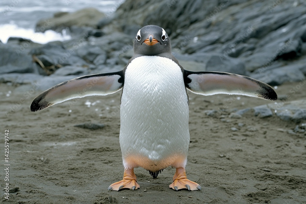Fototapeta premium Photograph of a penguin on the beach, standing tall with its wings spread wide and orange feet visible in motion. Full-body shot photography, high-resolution digital photo, ultra-detailed. 
