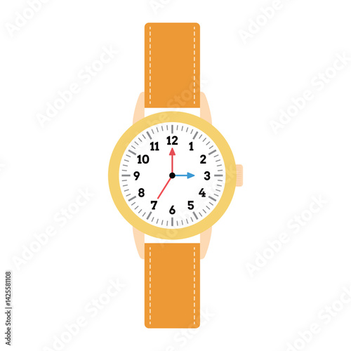 Vector illustration of wristwatch on white background. Dial and strap watch elements.