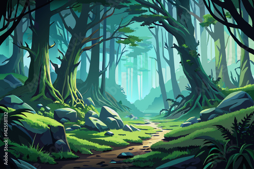 vector of A quiet misty forest with moss covered trees. Has mystery and natural beauty
