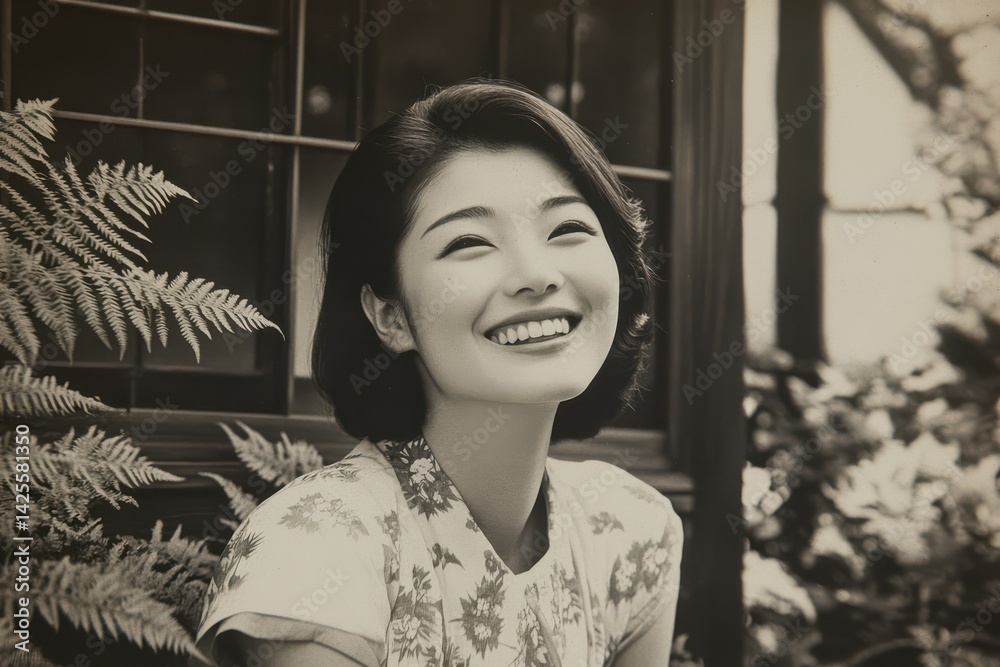 笑顔の昭和風のモノクロ写真の日本人女性 (レトロ・ヴィンテージ・白黒写真)