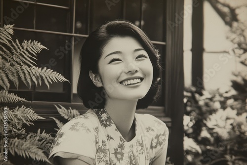 Obraz na płótnie 笑顔の昭和風のモノクロ写真の日本人女性 (レトロ・ヴィンテージ・白黒写真) w salonie