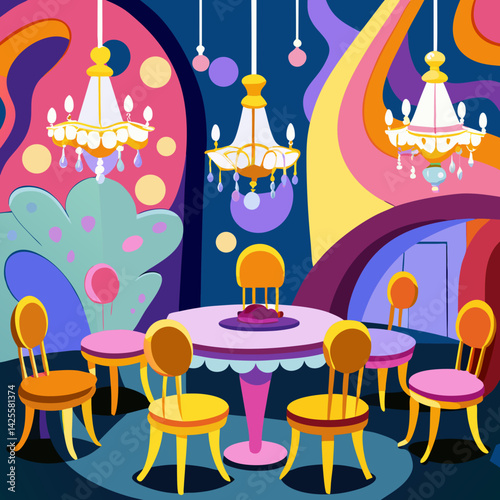 Whimsical Dining Room with Vibrant Wall Art and Hanging Chandeliers