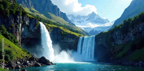 Towering granite cliffs and cascading waterfall beside glacier, scenic, view, wild