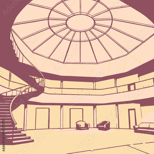 Circular Library Interior with Skylight Dome and Balcony
