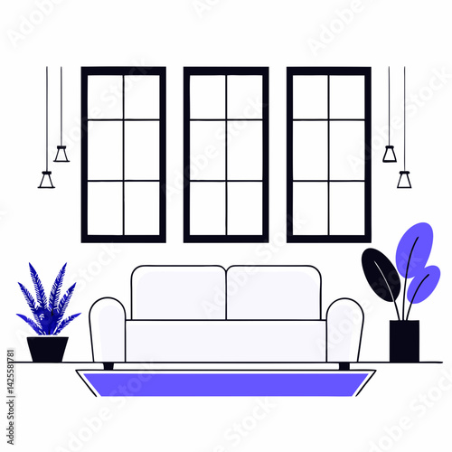 Contemporary Living Space with Black Window Frames and Houseplants