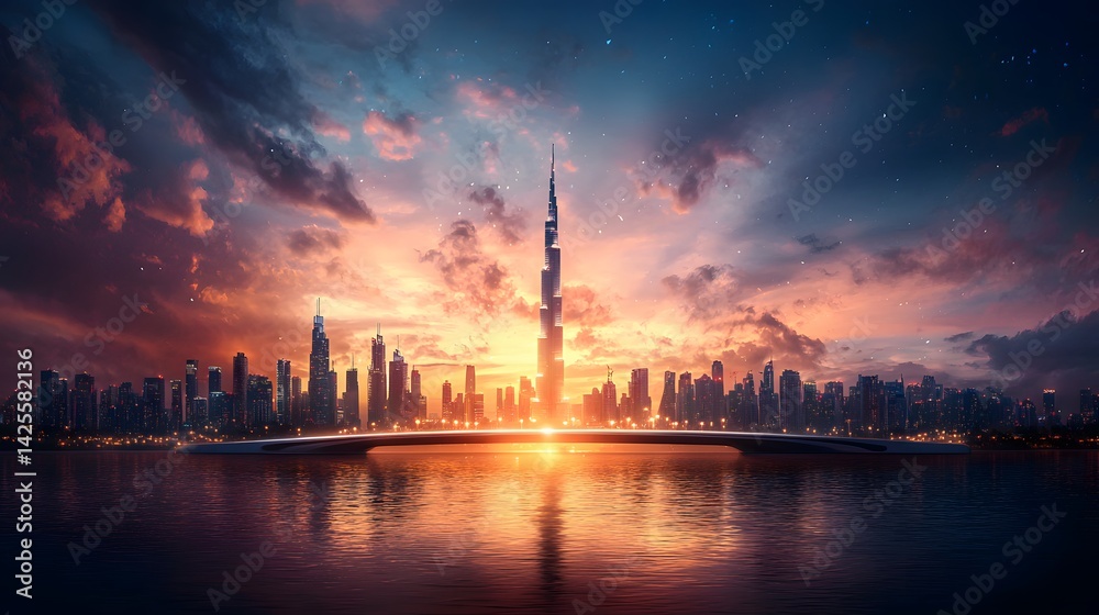 Vibrant cityscape with towering skyscrapers silhouetted against a dramatic colorful sunset sky reflecting in the calm waters below Vibrant cityscape with towering skyscrapers silhouetted against a dramatic colorful sunset sky reflecting in the calm waters below