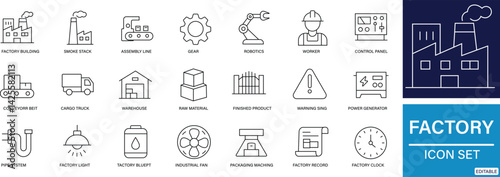 A clean set of black line icons representing factory, industry, production, and machinery  perfect for industrial and engineering designs.