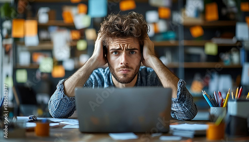 Stressed man working laptop overwhelmed chaos