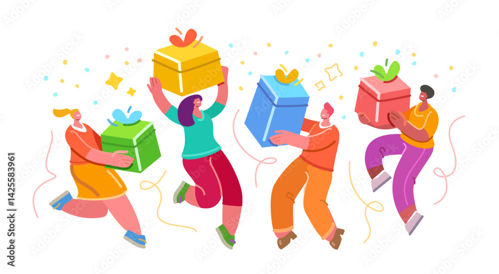 Fototapeta premium Happy joyful people with gifts with gifts. Festive event, celebration party