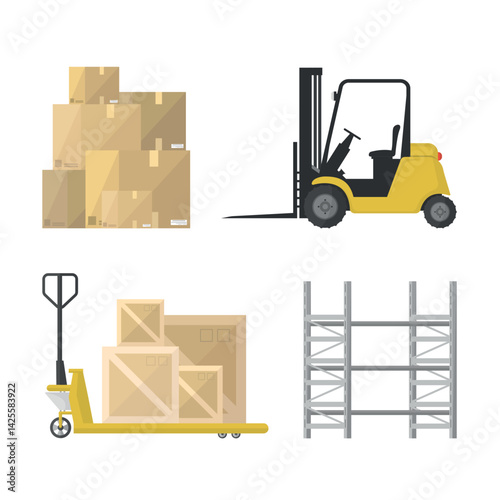 Warehouse elements icons set. Forklift, boxes, crates, shelves and cargo trolley. Logistics.