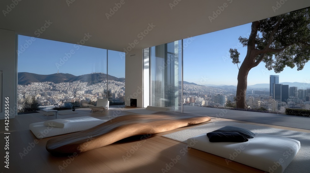 Fototapeta premium Modern minimalist living room with panoramic city views