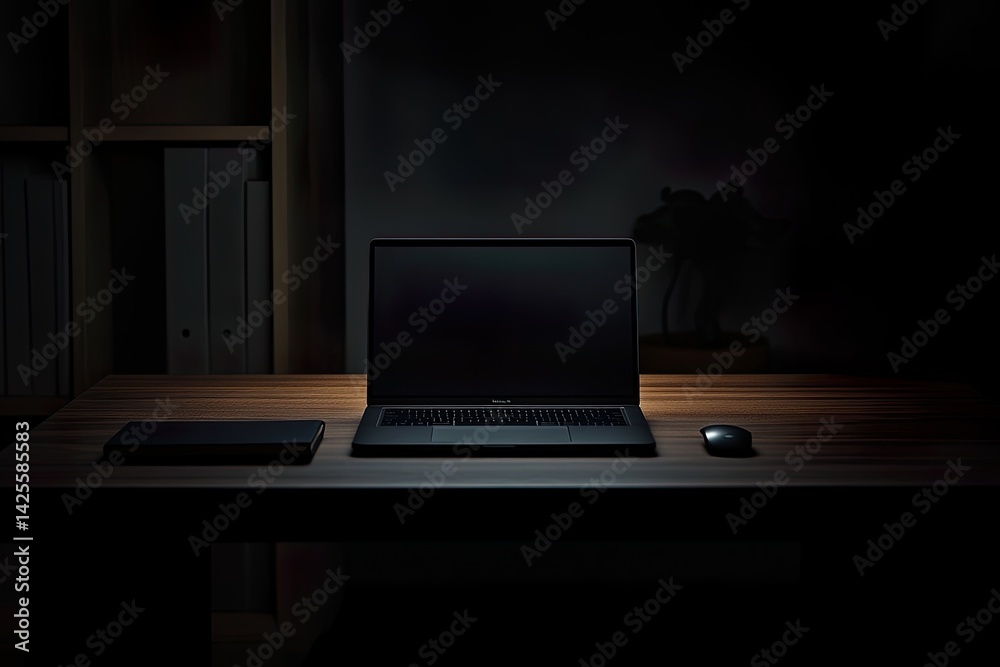 Fototapeta premium Closed laptop on dark wooden desk with minimal lighting