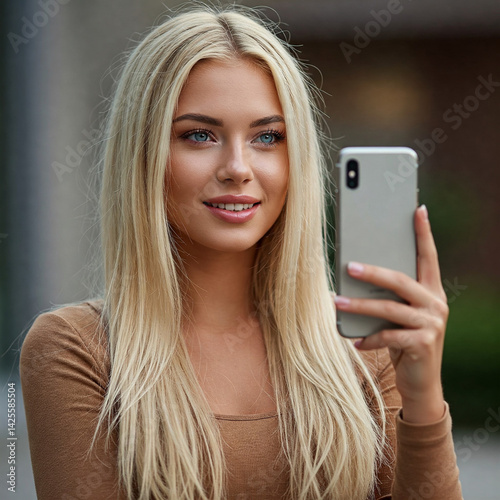 Young blond woman holding a mobile phone