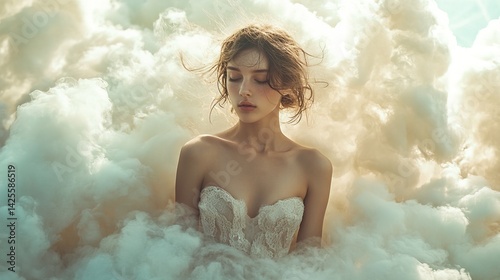 Dreamy Woman in Clouds