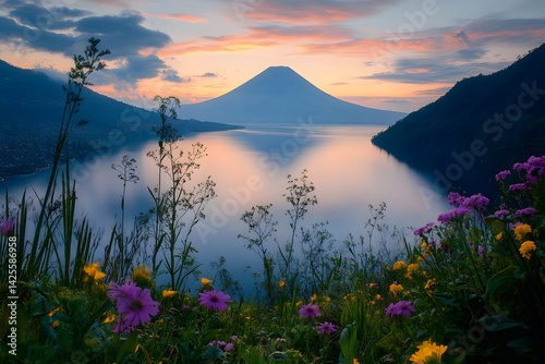 Lake atitlan view with mountain and flowers at sunset in guatemala central america landscape