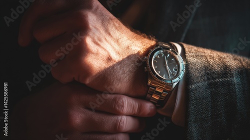A man is wearing a watch and is adjusting it