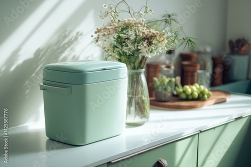 Light green compost bin on a kitchen counter with flowers, grapes, and wooden utensils in a bright, clean kitchen setting.