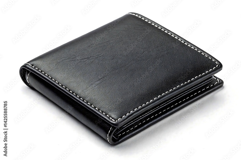 Black leather wallet with white stitching isolated on white background
Black leather wallet with white stitching isolated on white background