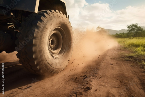 A rugged vehicle tire kicks up dust while navigating arid desert road.