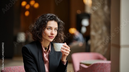 A woman in a black suit is sitting at a table with a white coffee cup in her han
