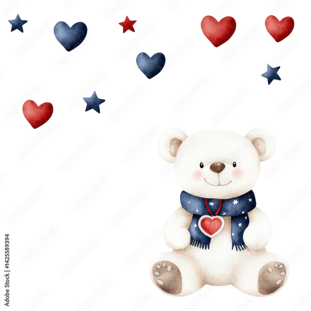 Obraz premium Cute teddy bear illustration with hearts and stars decoration. isolated against a transparent background.