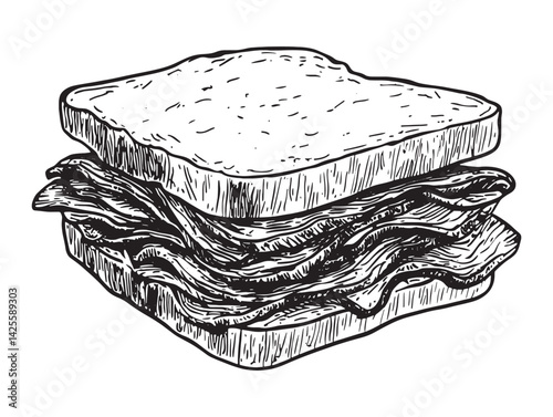 Line art vector of tasty pastrami sandwich on rustic bread