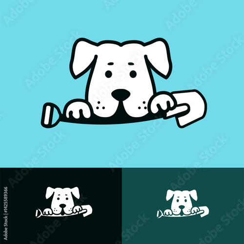 Cartoon logo white dog holding a spade in its mouth, shovel, pet waste removal logo