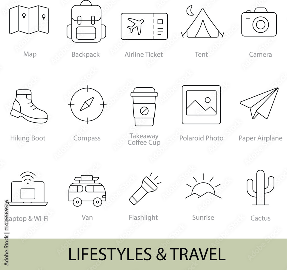 Fototapeta premium Lifestyles & Travel – 16 Editable Line Icons for Adventure, Travel & Outdoor Activities | Vector Set in AI, EPS, SVG | Designed in Adobe Illustrator