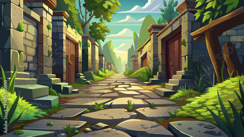 An ancient alley paved with stones, where nature quietly reclaims space