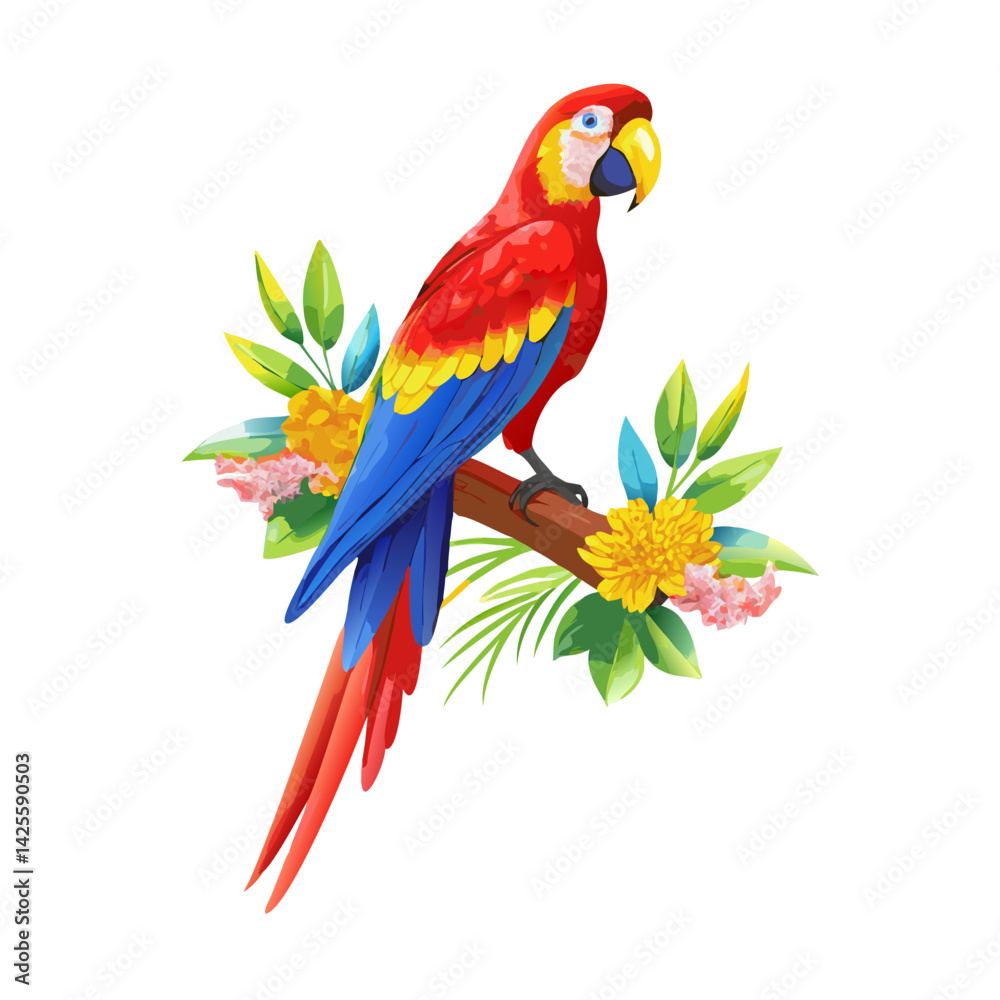 Obraz premium &nbsp;Colorful Macaw on Flowering Branch Illustration Silhouette of a Parrot on a Branch