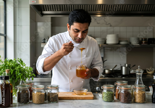 Man adding honey with spoon to glass jar in kitchen full of ingredients for World Bee Day recipe, professional chef preparing food for cooking blog article