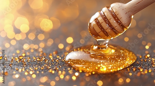 Golden Honey Dripping from Dipper onto Dark Surface with Bokeh Lights