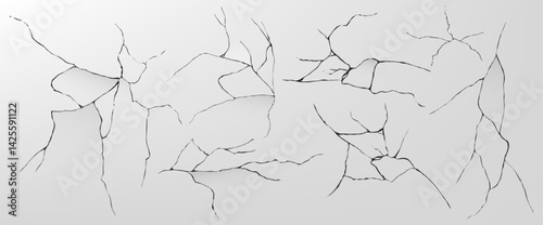 Earthquake cracks - black thin lines with random chaotic pattern on grey background. Cracked surface texture, broken wall, damage destroyed stone fissures set, tectonic plate shift disaster concept.