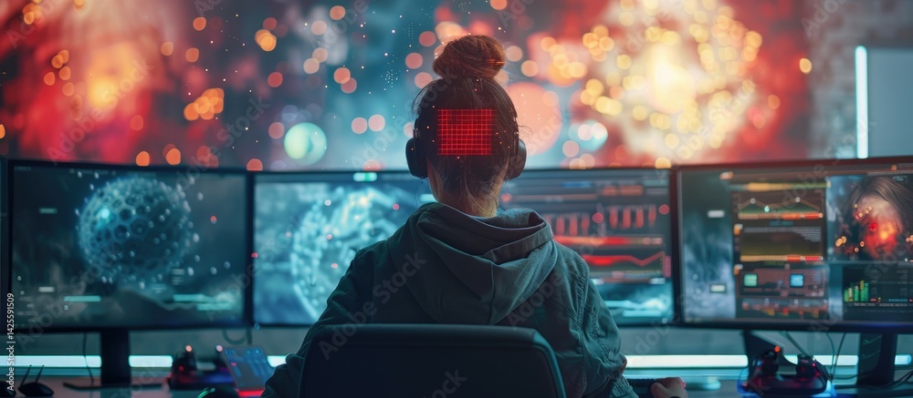 Obraz premium A game developer in a creative workspace with an AI assistant as a pixelated figure offering coding and design suggestions. Multiple monitors in background. AIG60