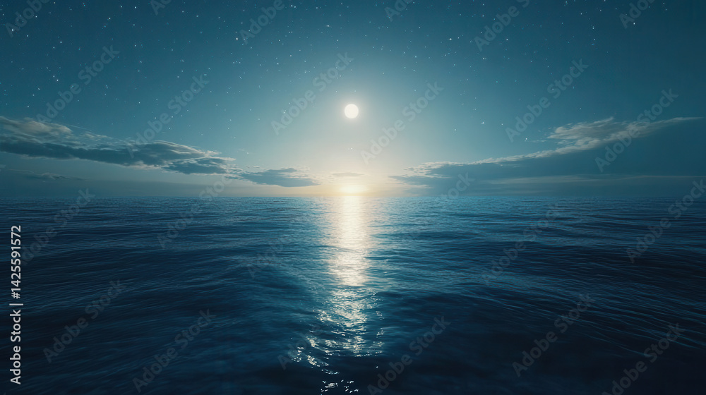 Fototapeta premium Serene night ocean view under a bright moonlight with stars twinkling above