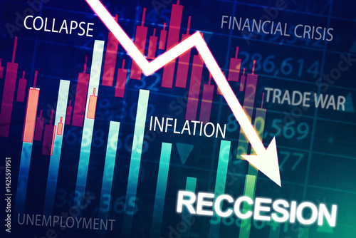 Recession and Economic Crisis Concept with Downward Arrow and Financial Terms