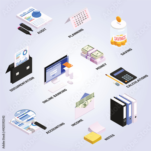 Accounting isometric flowchart with income calculation budget planning and audit on blue
