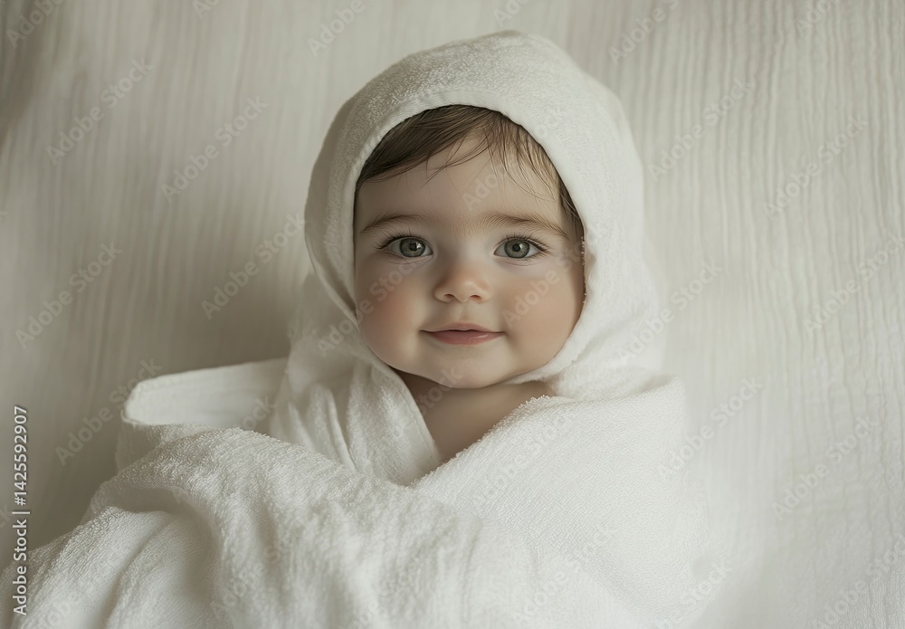 Portrait of a happy, smiling baby wrapped in a white towel on an isolated background. Close-up view, with ample copy space. Portrait of a happy, smiling baby wrapped in a white towel on an isolated background. Close-up view, with ample copy space.