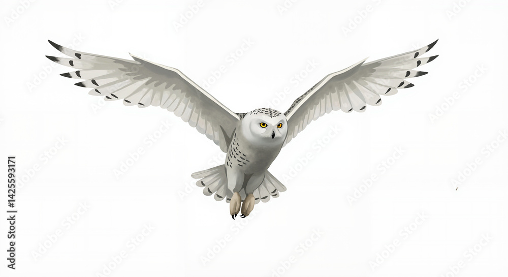 Obraz premium Snowy owl soaring gracefully against a white background 