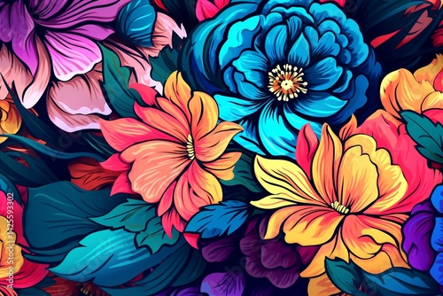 floral pattern with colorful flowers and leaves.  illustration. Generative AI